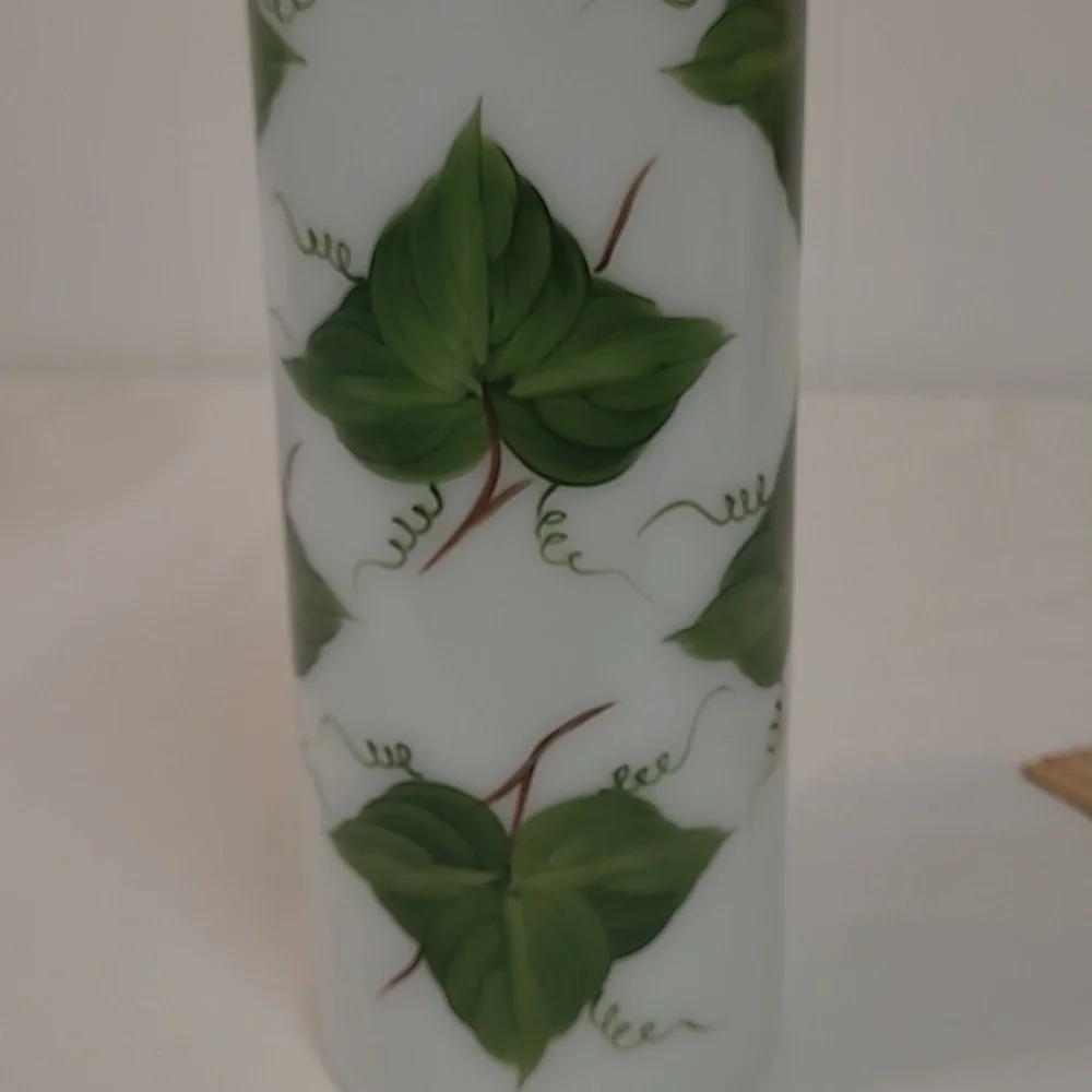 Consolidated MCM Milk Glass Vase with Hand Painted Ivy Leaf Pattern 10